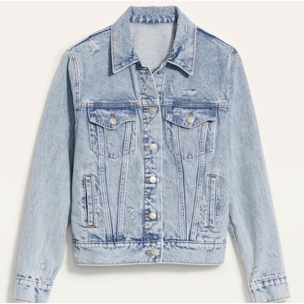 OLD NAVY Distressed Denim Jacket Jean Light Wash Trucker Blue Faded Womens Large